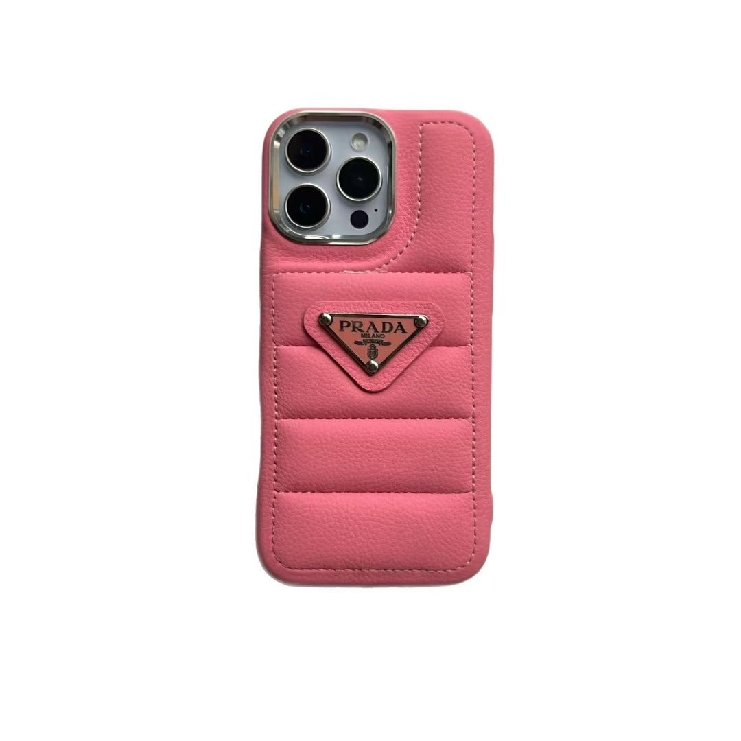 Prada Elegant Metal Monogram Diamond-Quilted Lambskim Leather Apple iPhone Case