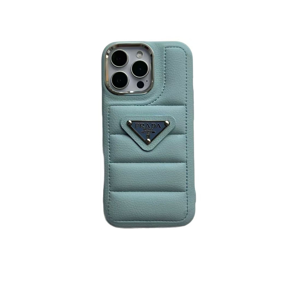 Prada Elegant Metal Monogram Diamond-Quilted Lambskim Leather Apple iPhone Case
