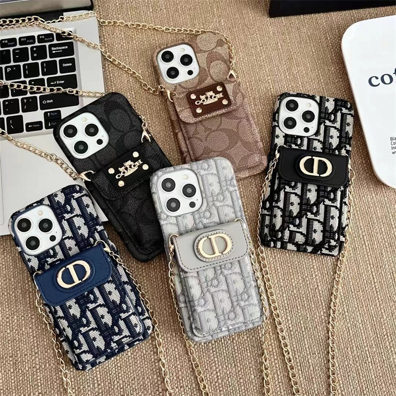Dior Luxury iPhone Case with Chain, Card Slot, and Metal Logo
